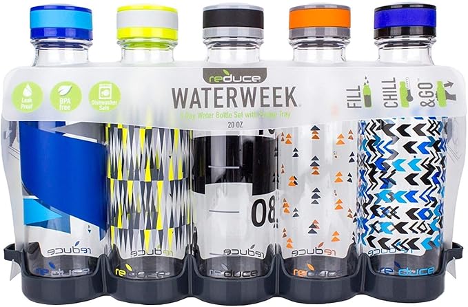 REDUCE WaterWeek Reusable Water Bottle Set, 20oz – Plastic Reusable Water Bottle Set of 5, Plus Fridge Tray – BPA-Free, Leak Proof Twist Off Cap – Trek