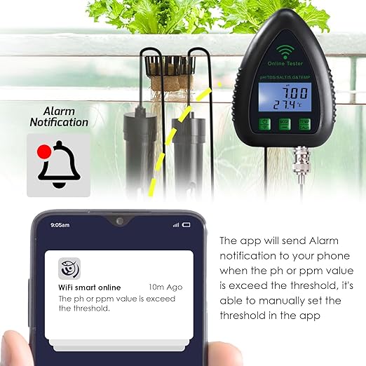 Smart Water Quality Tester 5 in 1 pH TDS SG Temp Salinity Tester WiFi Water Quality Meter Data Logger pH Tester TDS Tester Remote Monitor Alarm Notification and Record for Aquarium Hydroponics Pond