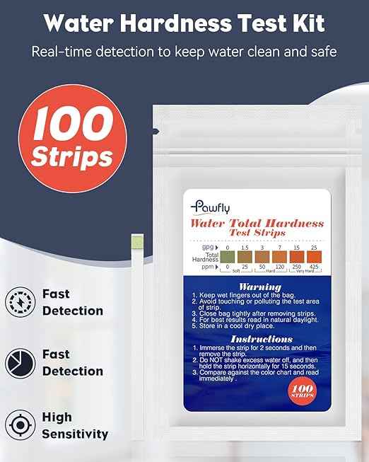 Pawfly Hardness Test Kit - 100 Strips for Drinking, Tap, Well, Pool & Spa Water - Quick & Accurate Calcium & Magnesium Test (0-425 PPM)