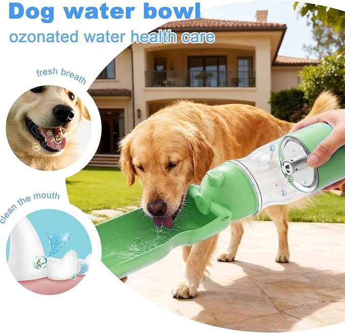 Portable Dog Water Bottle with Ozone Purification - Active Oxygen Puppy Water Bowl & Dispenser for Travel, (A-013B-Green)