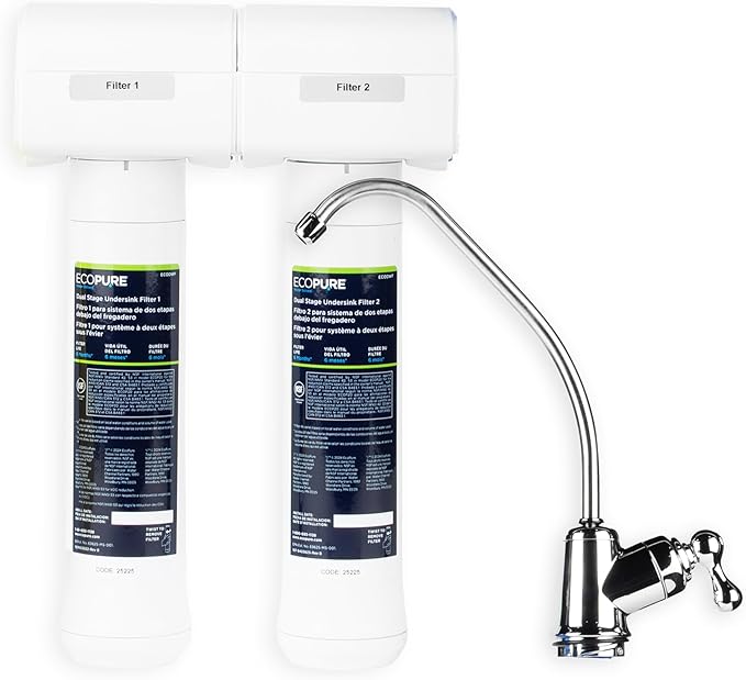 EcoPure ECOP20 2 Stage Under Sink Water Filter System – NSF-Certified to Reduce 58 Contaminants – Clean Drinking Water – Easy Filter Changes – Includes Chrome Faucet & Filters