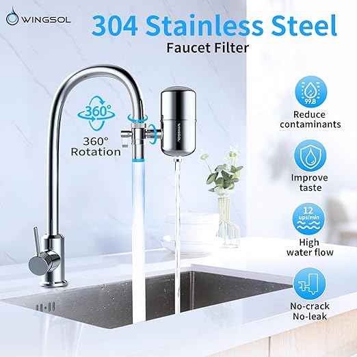 WINGSOL Stainless Steel Water Filter for Sink Faucet, NSF/ANSI 42&53, Temp. Sensor LED Light, 360° Rotating Tap Purifier Reduce PFAS, Lead, Chlorine & Microplastics, 350 Gallons Long-Lasting - AquaVibe