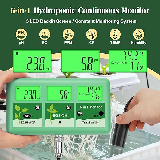 pH EC PPM Monitor for Water Hydroponic with pH Calibration Solution, 6 in 1 pH EC TDS Continuous Monitor with 250ml pH 4.0+7.0+10.0 Calibration and Probe Cleaning Solution for Water, Pool
