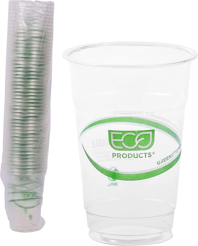 ECO PRODUCTS GreenStripe Clear Compostable 10oz PLA Plastic Cups, Pack of 50, Disposable Renewable Plant-Based Cold Cups, For Cold Drinks & Snacks, BPI Certified, ASTM Compliant.