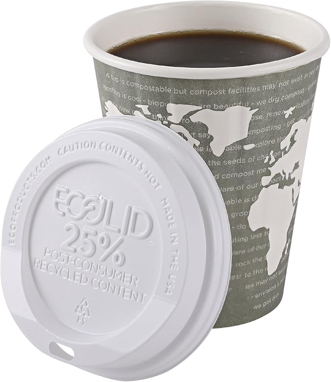 Eco-Products Ecolid Recycled Large Coffee Cup Lids, Case of 1000, White, Fits 10-20oz Hot Cups, Made from 25% Post-Consumer Recycled Plastic Polystyrene, Made in the U.S.A.