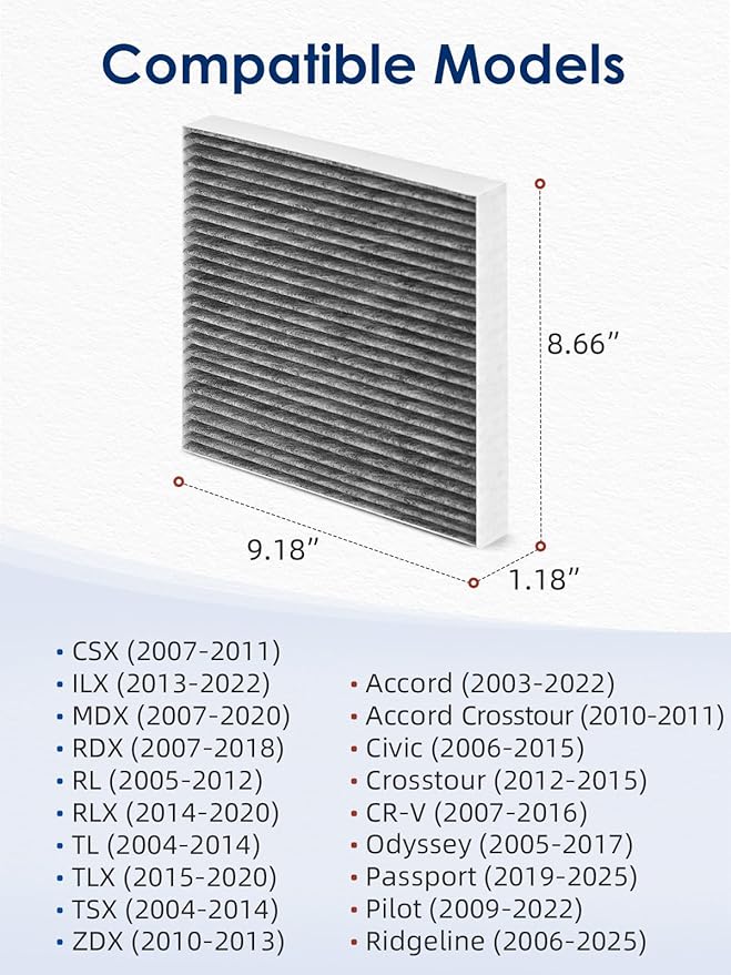 CF10134 Cabin Air Filter with Activated Carbon, Replacement for CP134 Honda & Acura Vehicles Civic CR-V Odyssey CSX ILX MDX RDX AT134, A/C Car Filter 10-Pack
