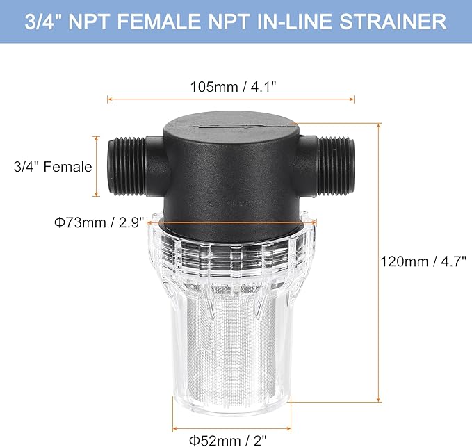 uxcell Pressure Washer Filter 3/4" NPT Female Thread, Inline Mesh Strainer Attachment, Outlet for Pipe Strainer, Stainless Steel Screen with Sealant Tape (Size:40 Mesh) - AquaVibe