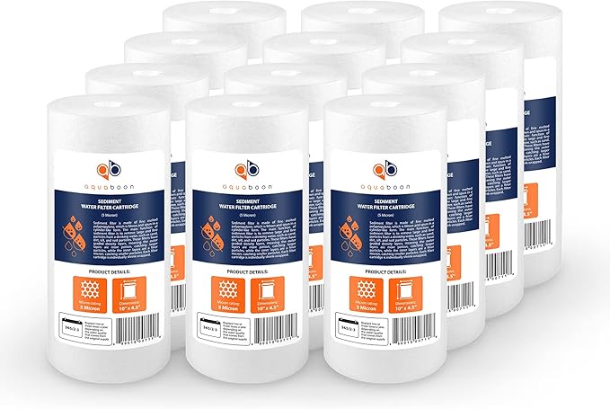 Aquaboon 5 Micron 10 x 4.5 Well Water Sediment Filter Replacement Whole House Water Filter Cartridge Compatible with DGD-5005, WFHD13001B, 12-Pack