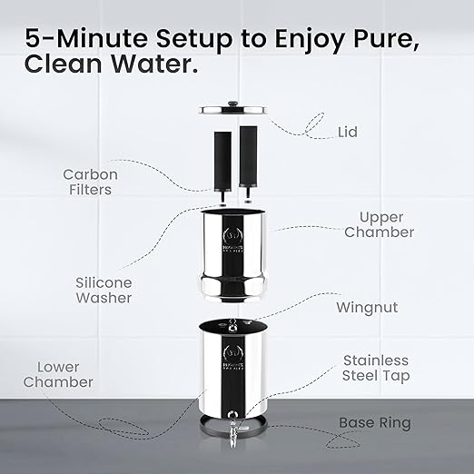 1.5 G Gravity Water Filter | NSF/ANSI 42 & 372 Certified | Gravity-Fed Countertop Stainless Steel Water Filter System | AISI 304 | 2 Carbon Filters & Steel Spigot | Portable | No Electricity Required