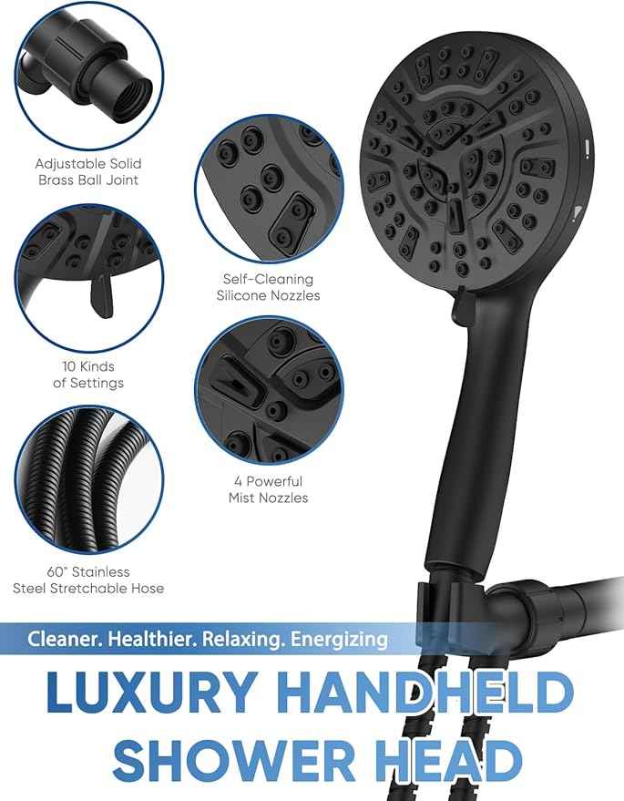 5-Inch High Pressure Handheld Shower Head with 10-Mode Powerhead, Extra Long 72-Inch SS Hose, Matte Black