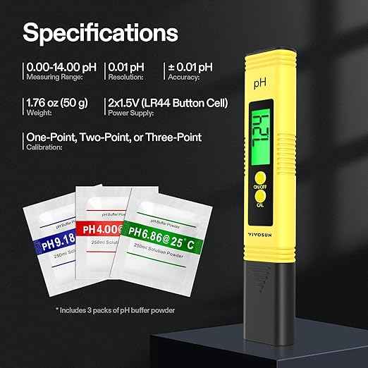 VIVOSUN Digital pH Meter, 0.01pH High Accuracy Pen Type pH Tester for Hydroponics, Household Drinking, Pool and Aquarium, Yellow, UL Certified