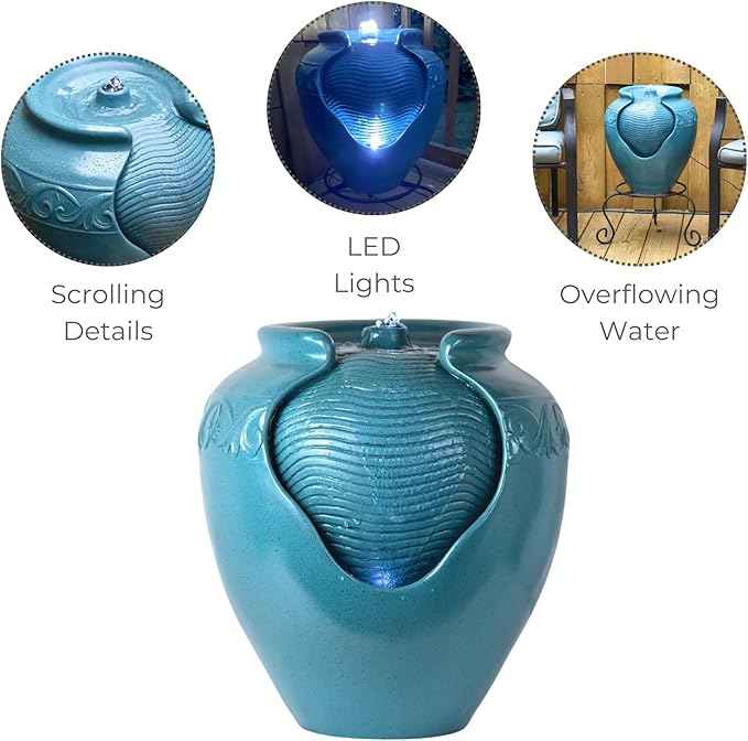 Teamson Home Floor Glazed Pot Water Fountain with Built-in LED Light and Pump for Outdoor Indoor Patio Garden Backyard Decking Home Décor, 17 inch Height, Teal