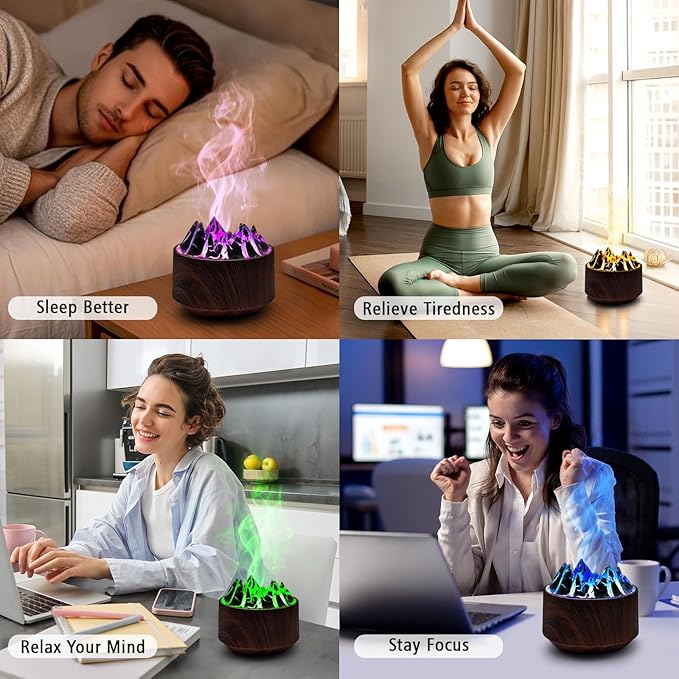 Volcano Essential Oil Diffuser, 300ml Cool Mist Humidifier with 6-Color LED Light, Auto Shut-Off, Dark Wood
