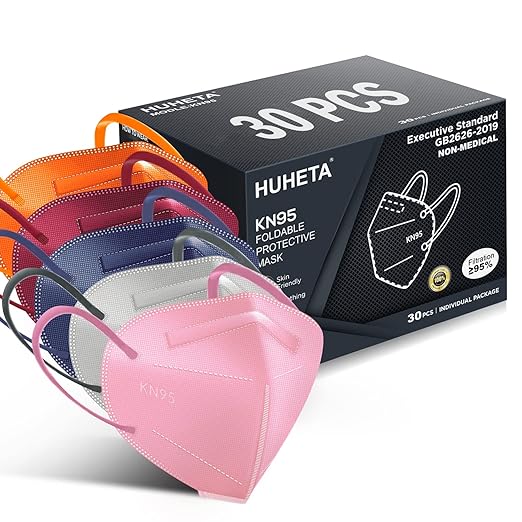 HUHETA KN95 Face Mask, 30 Pack Individually Wrapped, 5-Ply Breathable and Comfortable Safety Mask, Filter Efficiency Over 95%, Protective Cup Dust Masks Against PM2.5 (Multicolored Mask) - AquaVibe