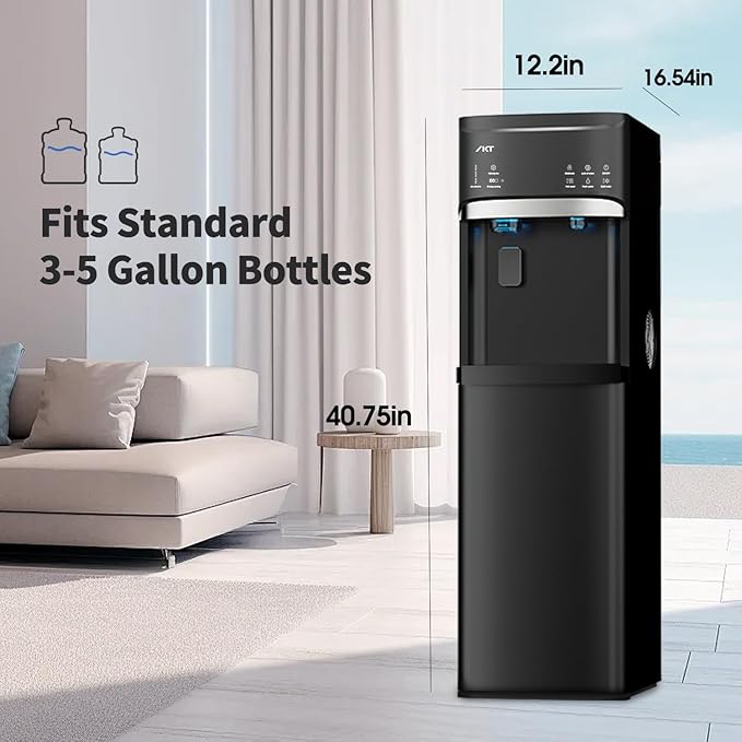 IKT Self-Clean Bottom Loading Hot and Cold Water Dispenser with Ice Maker Machine for 5 Gallon Bottle 22lbs Daily Capacity Ice Full Alert Black