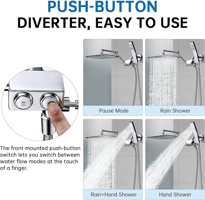 G-Promise All Metal 12 Inch Shower Head with Handheld Spray Combo，Rain Shower Head with Handheld Built-in Power Wash Mode, with 16 Stage Shower Filter For Hard Water, Reduces Chlorine and Fluoride (Ch