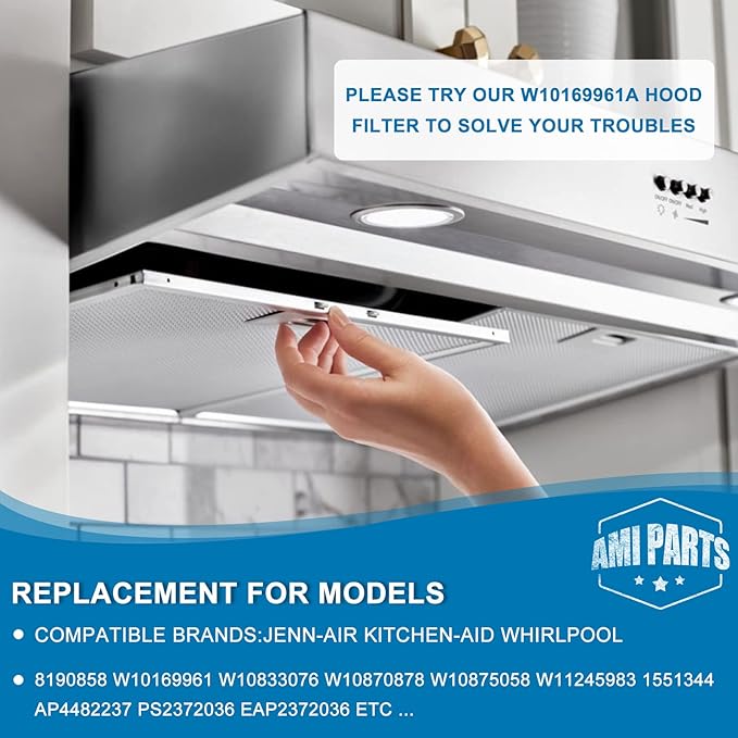 Updated W10169961A Range Hood Filter Replacement 10.5 X 12 in Fit for Whirlpool Hoods KXI2536YSS JVI0636LS0 GXW6530DXS3 Replaces W10875058 W11245983 Hood Vent Grease Filter by AMI PARTS (3 pack)