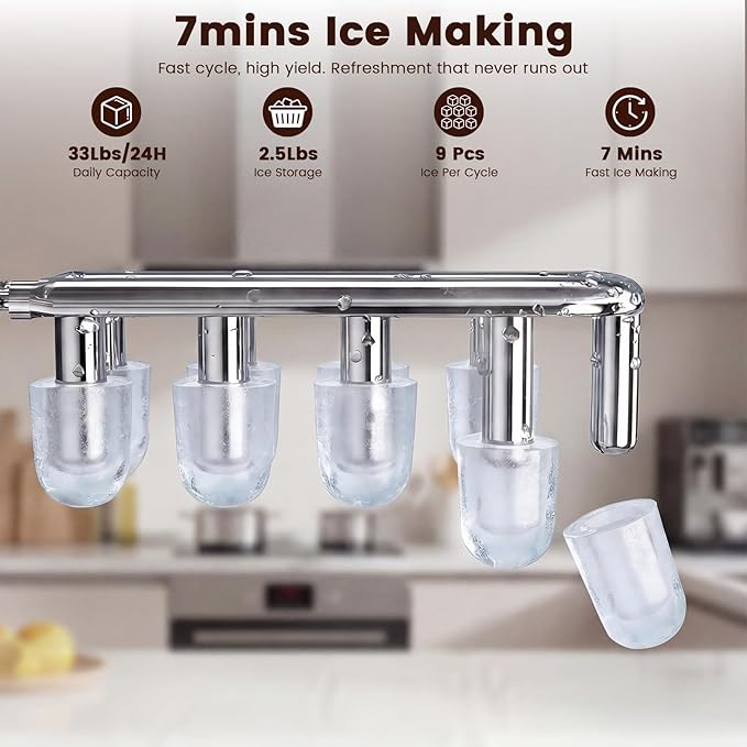 4 in 1 Water Cooler Dispenser with Ice Maker, Hot & Cold Water Dispenser for Home & Office, 33lbs/24H Bullet Ice, Top Loading 3-5 Gallon, Child Safety Lock, Ice Ready in 7 Min (White -Silver)