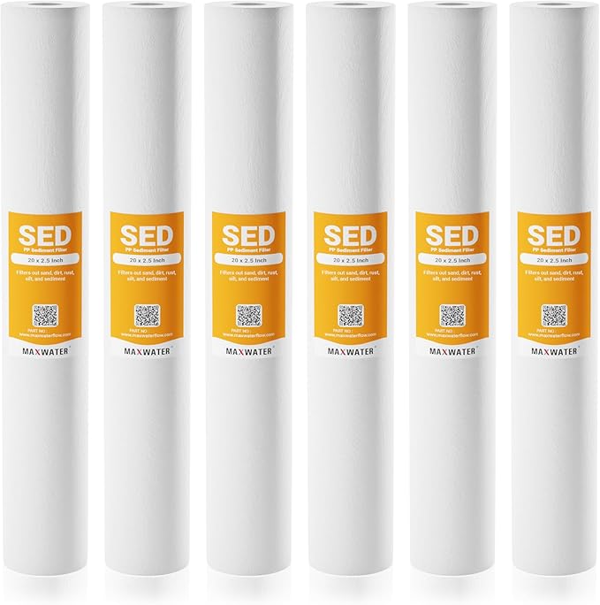 Max Water 5 Micron 20 x 2.5 Sediment Water Filter Cartridge Replacement Polypropylene Cartridge for Whole House Water Filtration/Water Softener Systems - 6 Pack