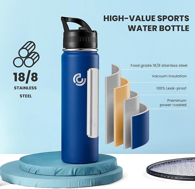 COKTIK 22oz Sports Water Bottle, Stainless Steel Water Bottle for Insulated, Reusable Travel Bottle, With Straw, With Handle Grip for Easy Carrying, Suitable for Cycling, Outdoor Vacations(Cobalt)
