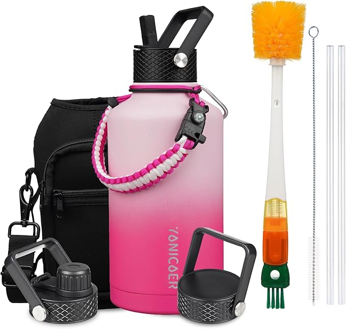 Insulated Water Bottle 64oz,Triple Wall Vacuum Stainless Steel(Dishwasher Safe),Leak Proof & Non-BPA,Flask Jug with Paracord Handle & Straw Spout Lids Sports Cherry Blossom