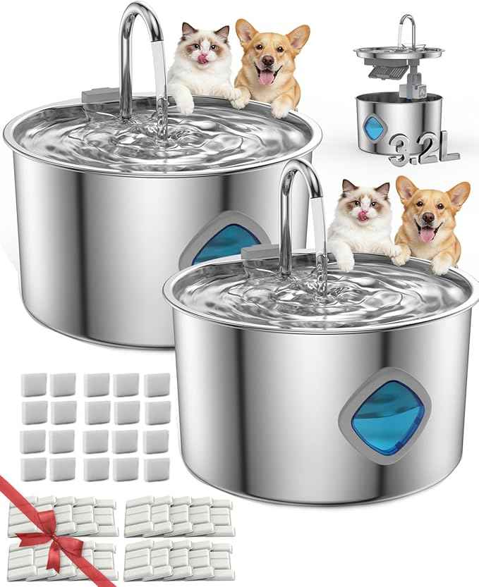 Dog Water Bowl - 3.2L Stainless Steel Dog Water Fountain, Multi-Filtration and Steady Water Circulation, Easy to Clean, Pet Water Fountain with Ultra-Quiet Pump for Dogs Cats (2Set, 20+20 Filter)