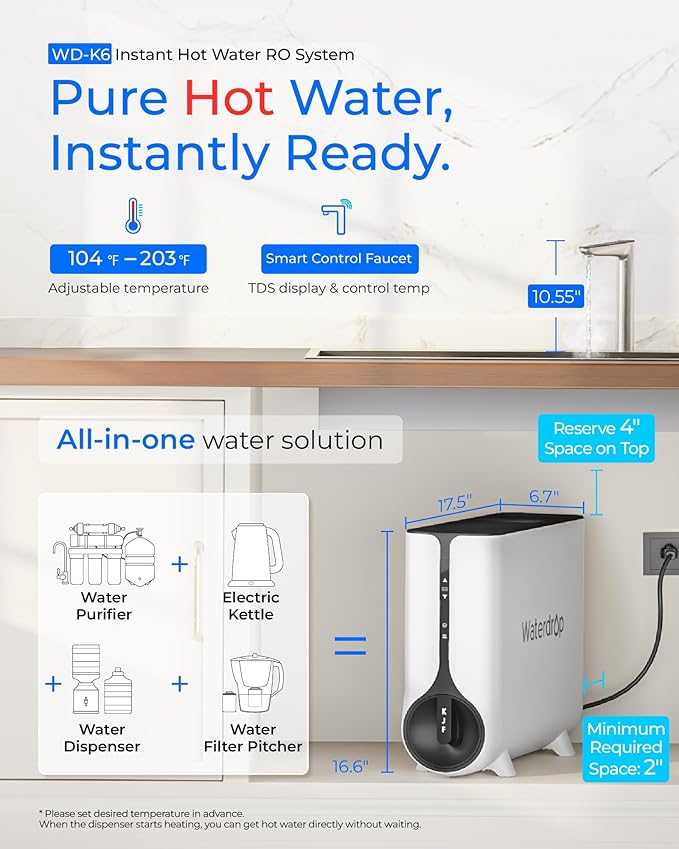 Waterdrop Reverse Osmosis System, Instant Hot Water Dispenser, 600 GPD, Reduce PFAS, Tankless, 2:1 Pure to Drain, Under Sink, TDS Reduction, Smart LED Faucet, Hot and Cold Water Dispenser Faucet