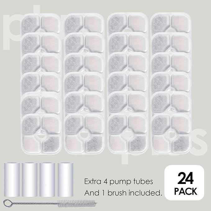 24-Pack Cat Water Fountain Filter Compatible With Catit Pixi Water Fountain Filter Replacement Triple Action Water Filter, 4 Pump Tubes 1 Hard Brush