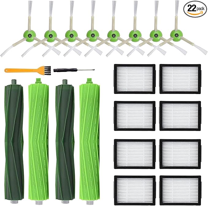 Replacement Parts for iRobot Roomba i7 i7+ i3 i3+ i4 i4+ i6 i6+ i8 i8+ E5 E6 E7 &J7 J7+ Vacuum Cleaner, 2 Set Rubber Brushes, 8 HEPA Filters, 8 Side Brushes, 1 Clean Brush, 1 Screwdriver, 22 Pack - AquaVibe