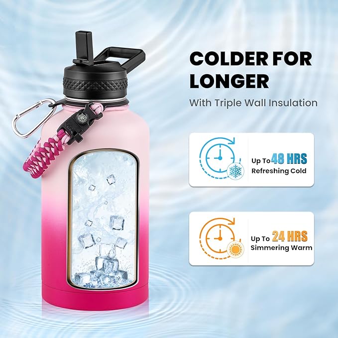 Insulated Water Bottle 64 oz, Triple Wall Vacuum Stainless Steel (Cold for 48 Hrs), Leak Proof & Non-BPA, Half Gallon Water Flask Jug with Paracord Handle & Straw Spout Lids, Ombre Pink