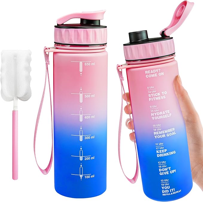 Large Water Bottle with Motivational Time Marker, Water Jug with Handle, Clear Sport Bottle for Gym Camping Workout Outdoors (22oz Pink)