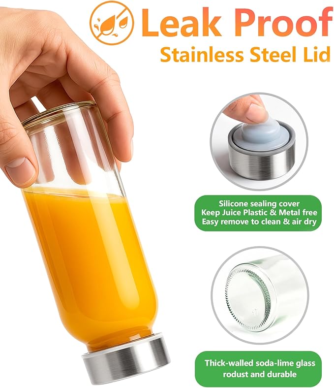 Zukro Glass Water Bottles with Lids 10.5 oz, 8 Pack Clear Reusable Glass Small Juice Bottles With Stainless Steel Cap for Juicing, Milk, Ginger Shot, BPA-Free Leak Proof 300ml Drinking Container Jar