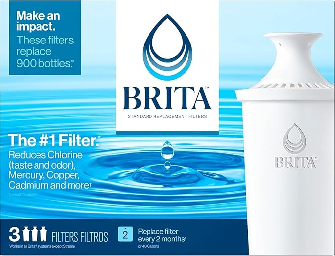 Brita Standard Water Filter for Pitchers and Dispensers, BPA-Free, Reduces Copper, Cadmium and Mercury Impurities, Lasts Two Months or 40 Gallons, Includes 3 Filters for Pitchers