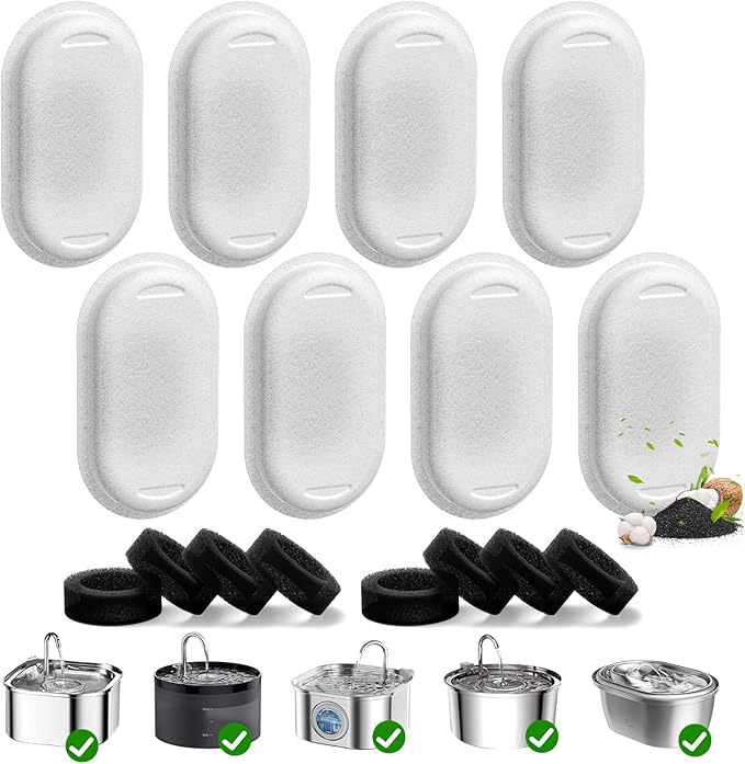 16 Pack Cat Water Fountain Filters for 108/3.2L& 67oz/2L Stainless Steel Pet Water Dispenser Cat/Dog Fountain Filter Replacement(8 Filters & 8 Sponges)