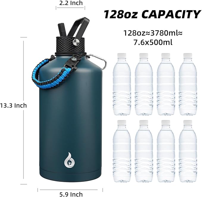 BJPKPK 1 Gallon Water Bottle with Straw Lid, 128oz Large, Stainless Steel Water Bottles with 3 Lids and Paracord Strap, Double Wall Vacuum Metal Jug, Navy Blue