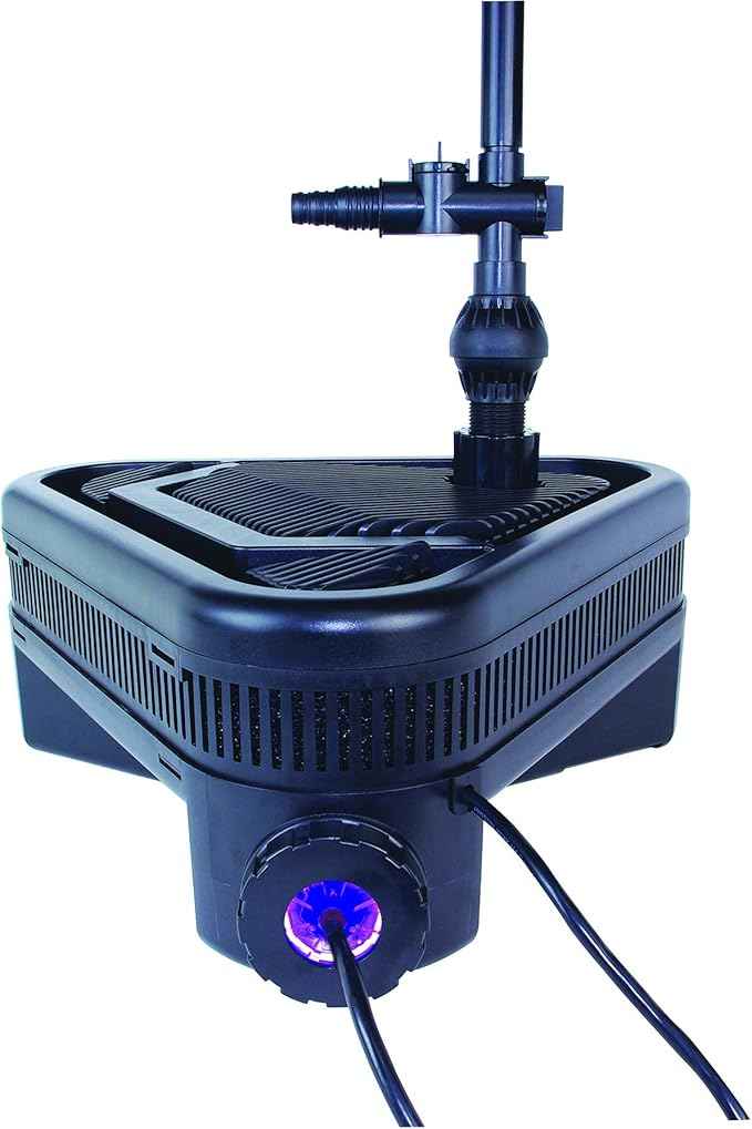 Lifegard Aquatics ALL-IN-ONE Pond Filter System with Quiet One – Single Capacity – For Cleaning 1000 Gallons Pond – Includes 584 GPH Pump, Fountain Heads, Ultraviolet Sterilizer, Mechanical Filtration