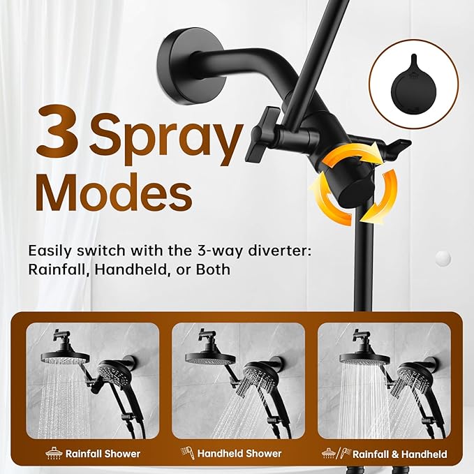 BRIGHT SHOWERS High Pressure Dual Shower Head Combo with Handheld and Rain Shower, Built-in Power Wash, 9 Settings, Height Adjustable Extension Arm, 3-Way Diverter, 69” Hose, Matte Black