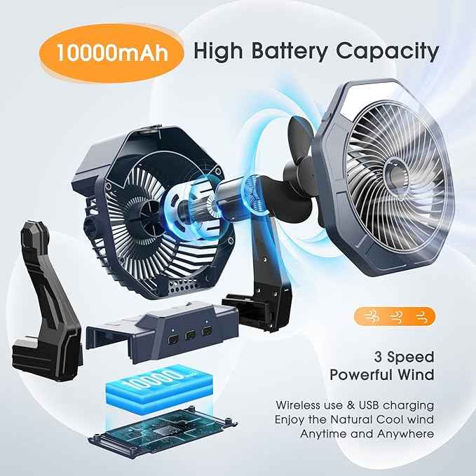 Ausic 10W Misting Solar Fan, 250ml Portable Outdoor Fans with Solar Panel, 8 Inch Battery Operated Rechargeable Cooling Fans with Hook, Camping Water Spray Fan for Travel/Beach/Patios/Chicken Coop