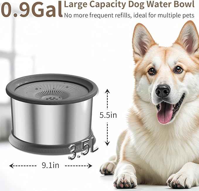 3.5L Dog Water Bowl No Spill 118oz Stainless Steel Water Bowl for Dogs No Splash Slow Water Feeder with Anti-Slip Mat for Messy Drinkers