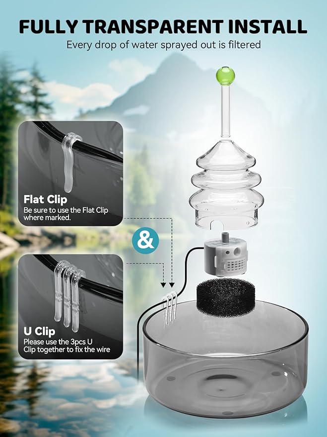 All-Glass Cat Water Fountain, 3.2L/108oz Glass Pet Fountain with LED Light, Automatic Water Dispenser for Cats (4pcs Filters)