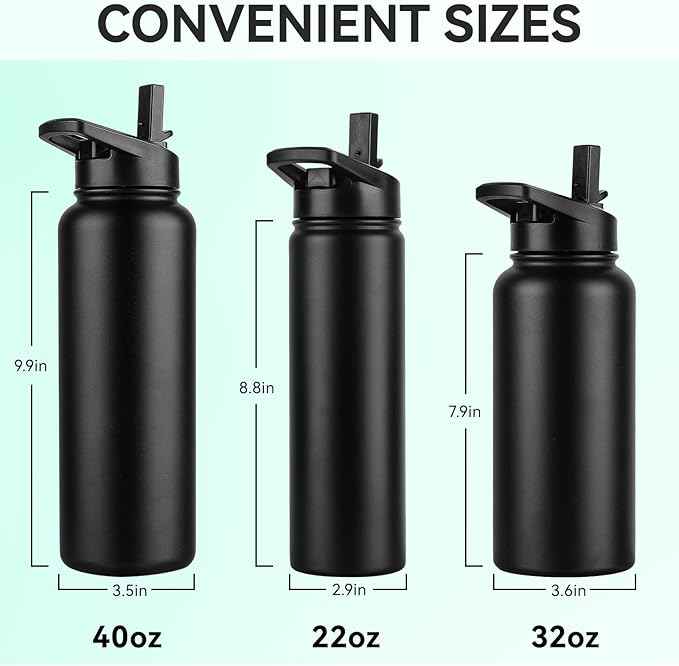DOMICARE 40 oz Insulated Water Bottle, Vacuum Insulated Stainless Steel Sports Water Bottle with Straw Lid & Spout Lid, Leakproof, Reusable - Travel, Camping, Bike, Black