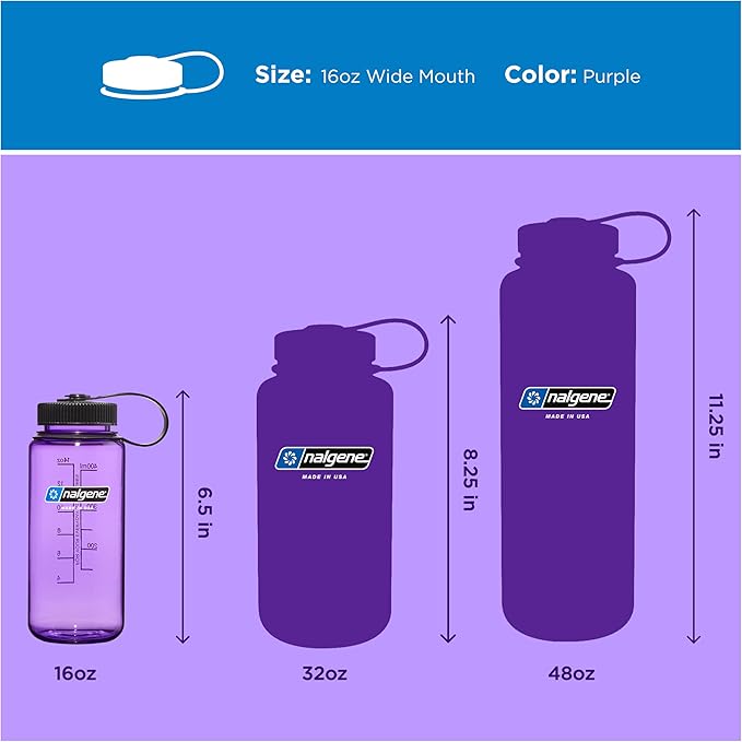 Nalgene 16 oz Wide Mouth Water Bottle | BPA-Free, Durable & Leak Proof, Lightweight Travel Bottle, Fits In Cupholders, Purple