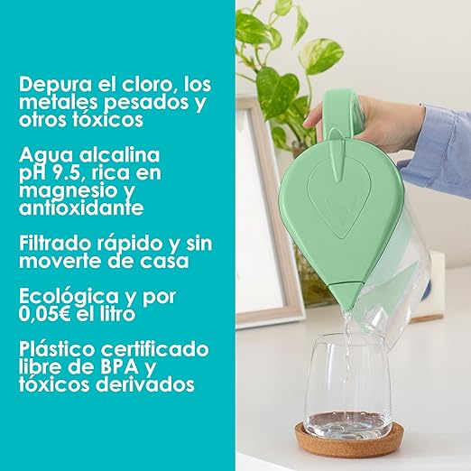 Alkanatur Drops Low Emission Water Filter Pitcher - Hydrogenates + Ionizes + Provides Magnesium Removes Chlorine, Metals, Fluorides, Microplastics, and More - Certifeid UNE 149101:2015