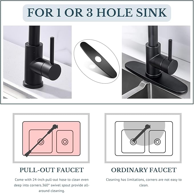 Kitchen Faucet with Pull Down Sprayer SUS304 Stainless Steel High Arc Pull Out Kitchen Sink Faucets Utility Laundry Farmhouse Camper Rv Modern for 1 or 3 Hole Sink, KF1-BK