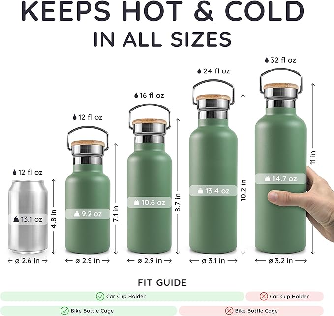 Bambaw 24 oz Insulated Water Bottle, Double Wall Metal Water Bottle Stainless Steel, Refillable & Reusable, Easy to Clean, Durable & Lightweight, For Hot & Cold Drinks (Sage Green)