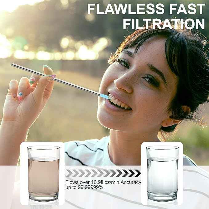 Personal Water Filter Straw, Reusable Stainless Steel Water Filter Drinking Straw Portable Outdoor Emergency Survival Gear for Hiking, Camping, Travel, Hunting & Fishing (Small)
