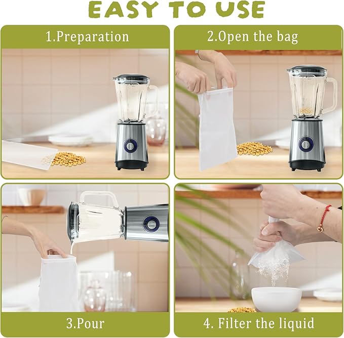 4 Pack Nylon Nut Milk Bag, 8 × 12 Inches Fine Mesh Cheese Cloth Multiple Food Strainer with Drawstring Reusable Professional Cold Brew Filter for Straining Juice Coffee Yogurt Tea Almond Milk