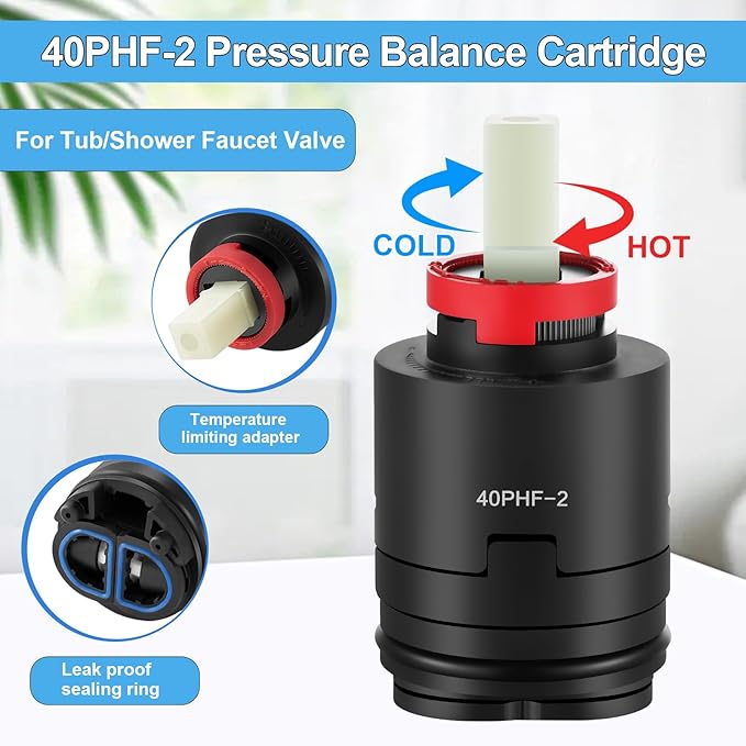 40PHF-2 40mm Pressure Balance Cartridge, Shower Cartridge Replacement, Faucet Cartridge Replacement for Tub/Shower Faucet Valve (with Distributor) Height 3.1 in (79 mm) Width 1.57 in (40 mm)