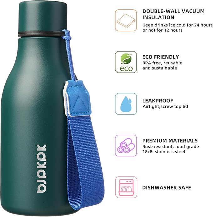 BJPKPK Insulated Water Bottles, 12oz Stainless Steel Metal Water Bottle with Strap, BPA Free Leak Proof Jugs, Mugs, Flasks, Reusable Thermal Flasks for Sports & Travel, Army Green