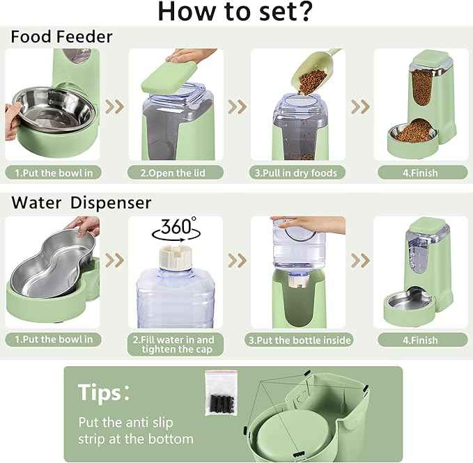 2 Pack Automatic Cat Feeder and Stainless Steel Water Dispenser, Gravity Dog Waterer Set Food Feeder and Waterer Set for Small Medium Kitten Puppy Pets(1 Gallon x 2, Green)